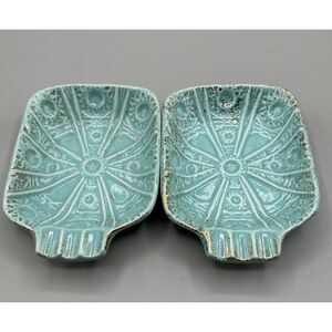 Calif Org Pottery Ashtrays TEAL BLUE Mid Century Modern set of 2‎